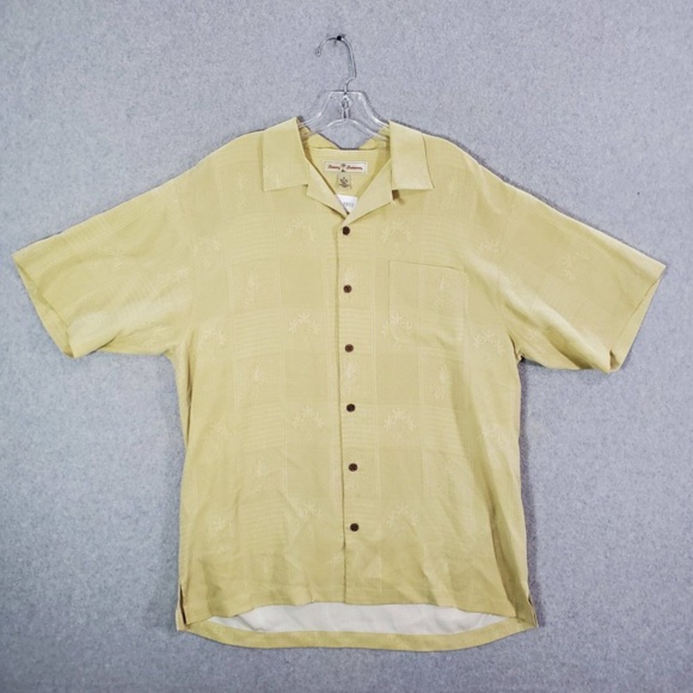 Tommy Bahama Men Button Up Shirt Large Yellow Pineapple 100% Silk Summer Collar